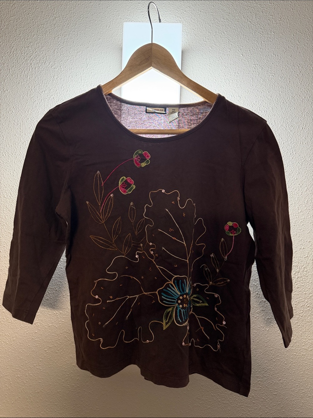 Caribbean Joe Brown Girls Floral Embroidered Long Sleeve Tee B14